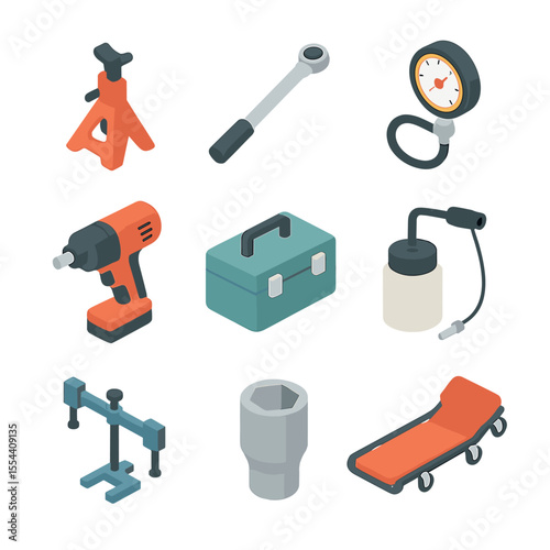 Drift Tools Icons. Isometric Flat icon set of drift equipment and tools: jack stand, torque wrench, tire pressure gauge, impact