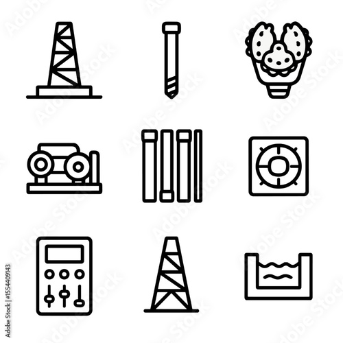 Drilling Icons Outline. Outline icon set of drilling operations: drill rig, core barrel, drill bit, mud pump, casing pipe, rotary