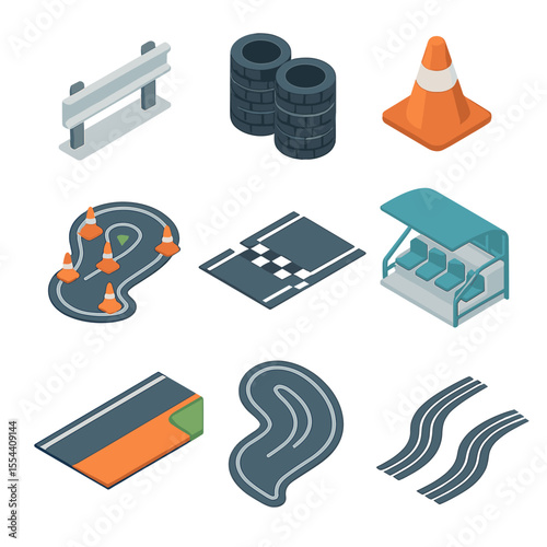 Drift Track Icon Set. Isometric Flat icon set of drift track elements: guardrail, tire barrier, apex cone, start line, finish line