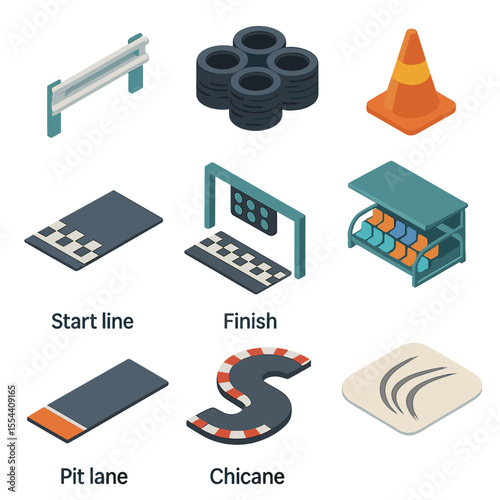 Drift Track Icon Set. Isometric Flat icon set of drift track elements: guardrail, tire barrier, apex cone, start line, finish line