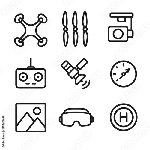 Drone Icon Set. Outline icon set of drone aerial videography: drone silhouette, propeller set, camera gimbal, remote controller,