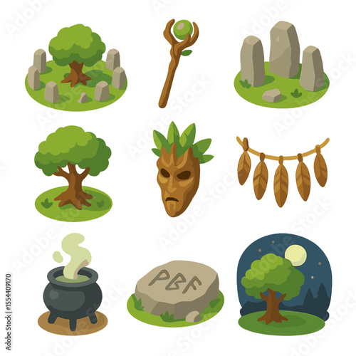 Druidic Ritual Icon Set. Isometric Flat icon set of druidic tree rituals: druid circle, ritual staff, standing stones, guided tree