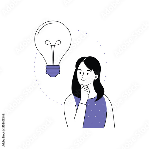 Woman contemplating a bright idea represented by a lightbulb isolated on transparent background