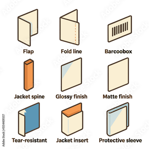 Dust Jacket Icon Set. Isometric Flat icon set of dust jacket components: flap, fold line, barcode box, jacket spine, glossy finish