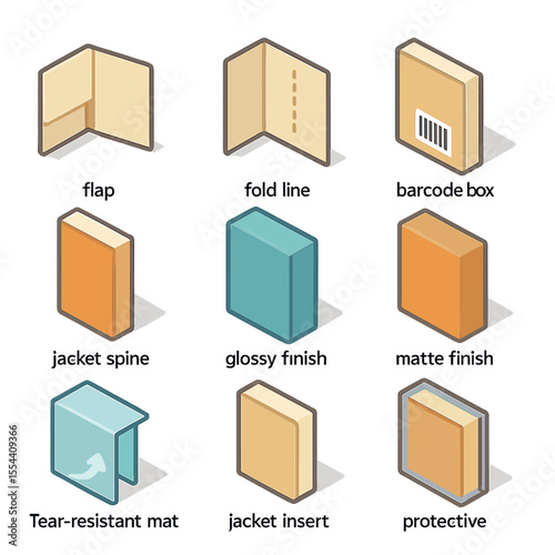 Dust Jacket Icon Set. Isometric Flat icon set of dust jacket components: flap, fold line, barcode box, jacket spine, glossy finish