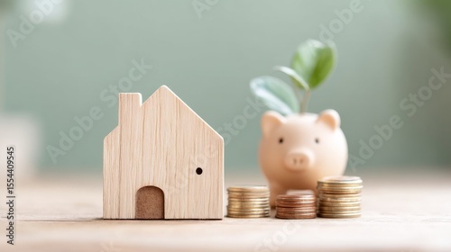 In a lush garden, a small wooden house stands next to a piggy bank, with coins stacked around them and young sprouts growing out, illustrating the concept of financial growth and savings in a natural