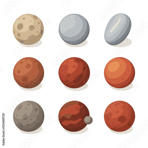 Dwarf Planets Icon Grid. Isometric Flat icon set of dwarf planets and minor objects: Ceres, Eris, Haumea, Makemake, Sedna, Quaoar,