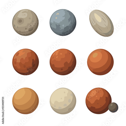 Dwarf Planets Icon Grid. Isometric Flat icon set of dwarf planets and minor objects: Ceres, Eris, Haumea, Makemake, Sedna, Quaoar,