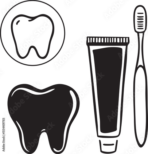  Minimalist Vector EPS Icons of Tooth, Toothbrush & Toothpaste – Black & White Dental Care Set for Medical & Hygiene Themes