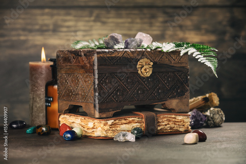 Rustic Wooden Chest with Crystals and Vintage Journal
