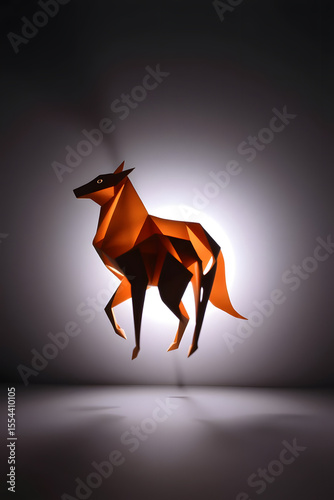 Artistic origami representation of a fox in vibrant orange tones against a soft light background
