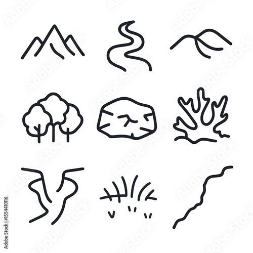 Earth Topography Icons. Outline icon set of Earth topography and geography: mountain range silhouette, river meander, desert dune,