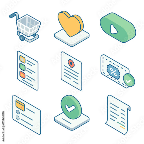 E-commerce Icon Set. Isometric Flat icon set of shopping cart and checkout process: shopping cart, wishlist heart, checkout button