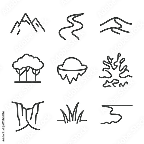 Earth Topography Icons. Outline icon set of Earth topography and geography: mountain range silhouette, river meander, desert dune,