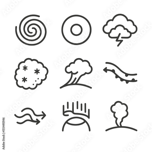 Earth Weather Icons. Outline icon set of Earth weather phenomena from space: hurricane spiral, cyclone eye, thunderstorm cloud