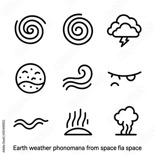 Earth Weather Icons. Outline icon set of Earth weather phenomena from space: hurricane spiral, cyclone eye, thunderstorm cloud