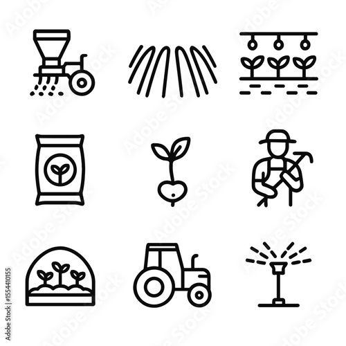 Earthnut Cultivation Icons. Outline icon set of Earthnut cultivation: seed drill, plowed field, irrigation drip line, fertilizer