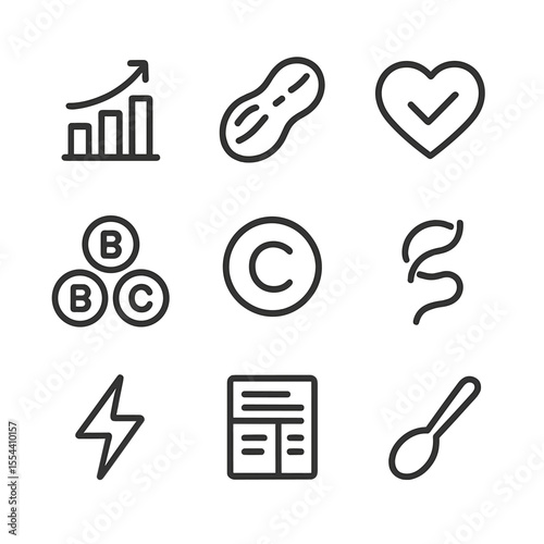 Earthnut Nutrition Icon Set. Outline icon set of Earthnut nutrition facts: calorie chart, protein icon, healthy heart, vitamin B