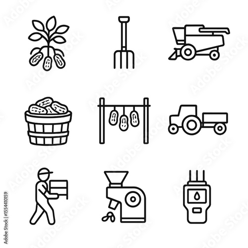 Earthnut Harvest Icons. Outline icon set of Earthnut harvesting: mature pods, digging fork, produce basket, combine harvester,