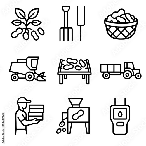 Earthnut Harvest Icons. Outline icon set of Earthnut harvesting: mature pods, digging fork, produce basket, combine harvester,