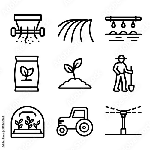 Earthnut Cultivation Icons. Outline icon set of Earthnut cultivation: seed drill, plowed field, irrigation drip line, fertilizer