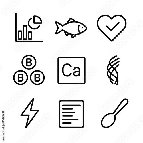 Earthnut Nutrition Icon Set. Outline icon set of Earthnut nutrition facts: calorie chart, protein icon, healthy heart, vitamin B