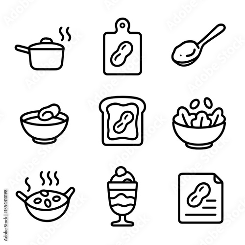 Earthnut Recipe Icons. Outline icon set of Earthnut recipes and cooking: saucepan, chopping board, spoonful of butter, peanut
