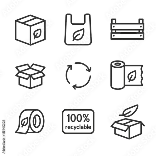 Eco-Friendly Packaging Icons. Outline icon set of sustainable packaging: cardboard box with leaf, biodegradable bag, reusable