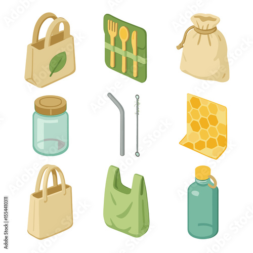 Eco-Friendly Shopping Icons. Isometric Flat icon set of eco-friendly shopping: reusable bag, bamboo utensil set, cloth produce bag