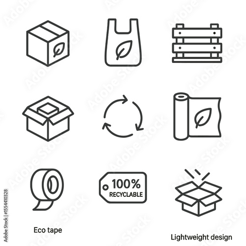 Eco-Friendly Packaging Icons. Outline icon set of sustainable packaging: cardboard box with leaf, biodegradable bag, reusable