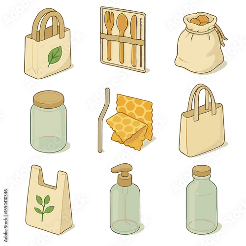 Eco-Friendly Shopping Icons. Isometric Flat icon set of eco-friendly shopping: reusable bag, bamboo utensil set, cloth produce bag