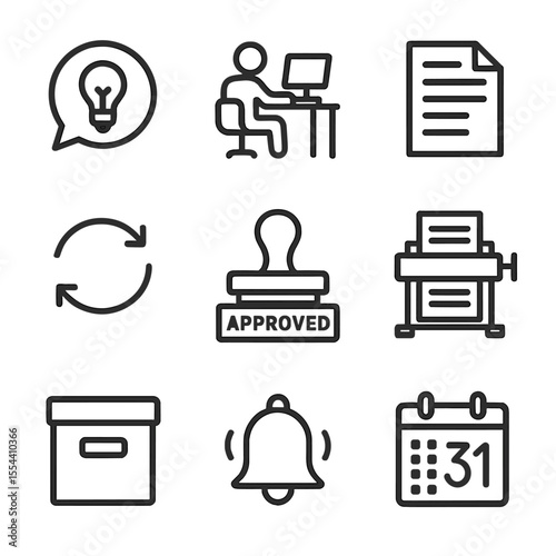 Editorial Workflow Icons. Outline icon set of editorial workflow: story pitch, reporter desk, draft document, revision arrows,