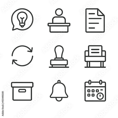 Editorial Workflow Icons. Outline icon set of editorial workflow: story pitch, reporter desk, draft document, revision arrows,