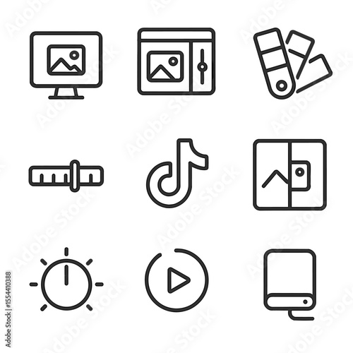 Editing Service Icons. Outline icon set of photo and video editing services: computer monitor, editing software icon, color