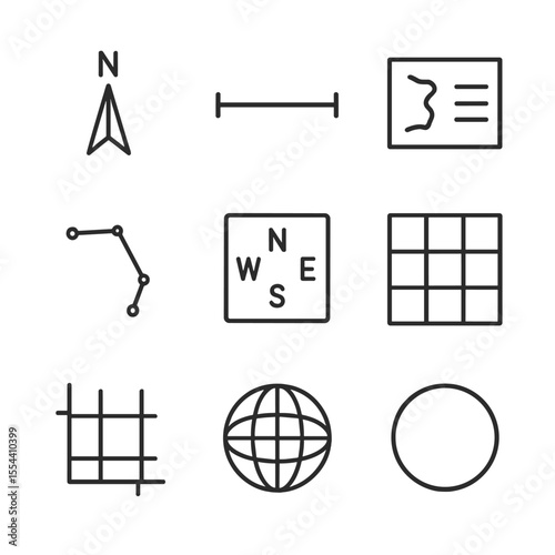 Educational Star Map Icons. Outline icon set of Educational Star Map Elements: North arrow, scale bar, map key, constellation