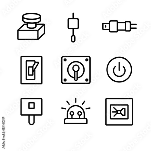 Emergency Device Icons. Outline icon set of Emergency Shutoff Devices: emergency stop button, pull cord switch, quick disconnect,