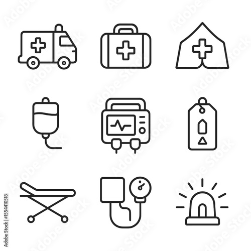 Emergency Icons Set. Outline icon set of emergency medical response: ambulance, paramedic bag, medical tent, IV drip,
