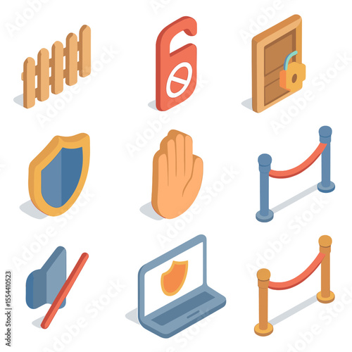 Emotional Boundaries Icons. Isometric Flat icon set of setting emotional boundaries: picket fence, do not disturb sign, locked