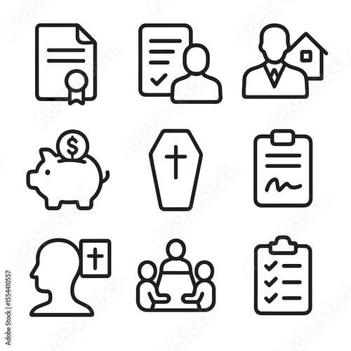 End-of-Life Icons. Outline icon set of end-of-life planning: will document, power of attorney, estate executor, retirement savings