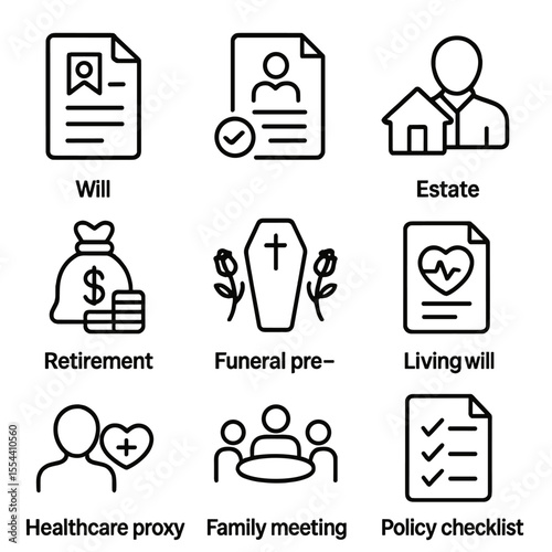 End-of-Life Icons. Outline icon set of end-of-life planning: will document, power of attorney, estate executor, retirement savings