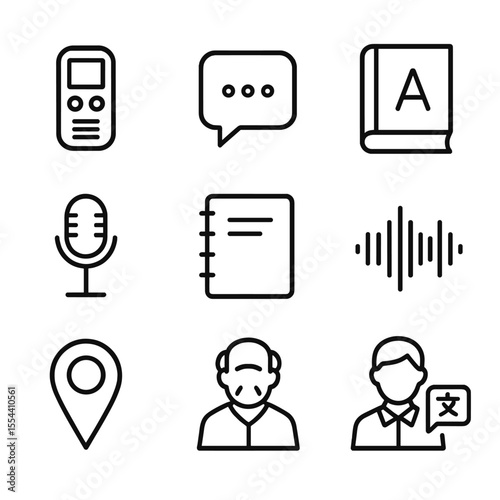 Endangered Language Icons. Outline icon set of endangered language documentation: audio recorder, speech bubble, dictionary book,