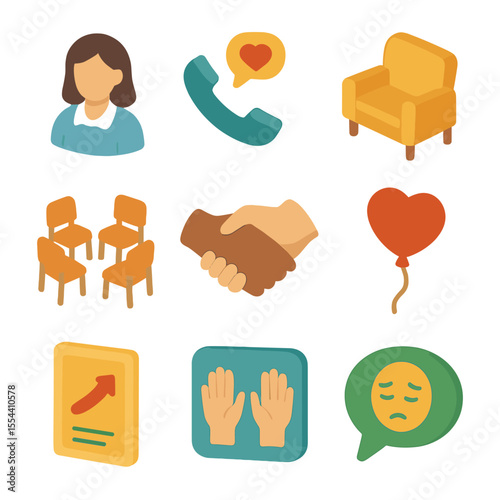 Emotional Support Icon Set. Isometric Flat icon set of emotional support resources: counselor avatar, support hotline phone,