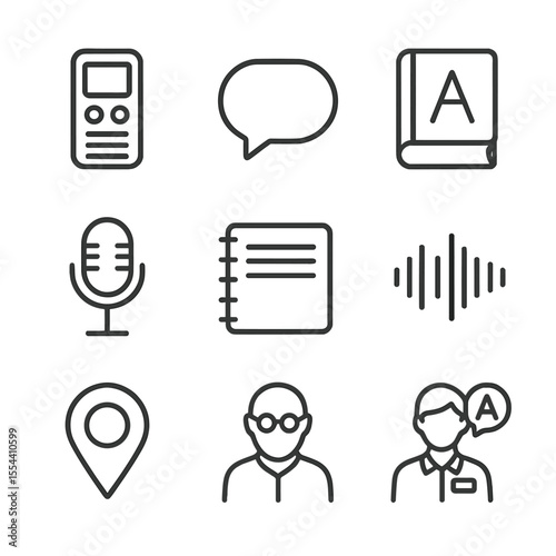 Endangered Language Icons. Outline icon set of endangered language documentation: audio recorder, speech bubble, dictionary book,
