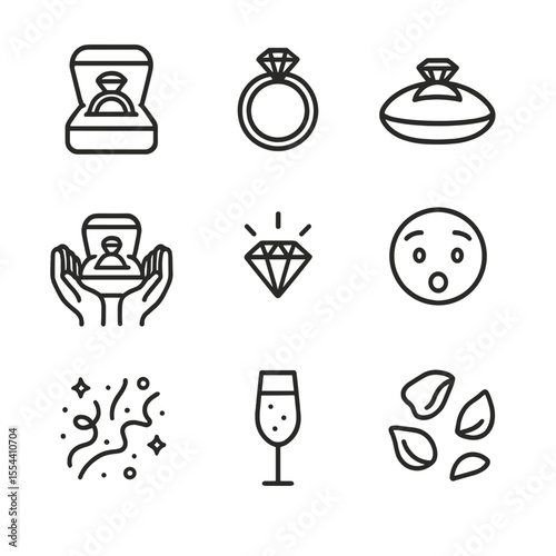 Engagement Icon Set. Outline icon set of engagement ring presentation: ring box, engagement ring, velvet cushion, hands opening