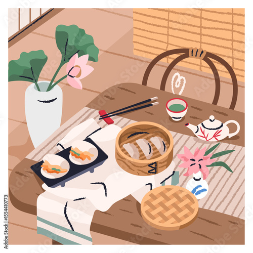 Asian food, traditional Japanese lunch, dining table serving. Japan meal with gyoza, bao buns dishes, chopsticks, lotus flower in vase. Beautiful oriental cafe breakfast. Flat vector illustration