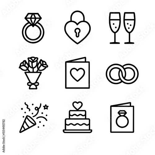 Engagement Celebration Icons. Outline icon set of engagement congratulations: diamond ring, heart lock, champagne flute, rose