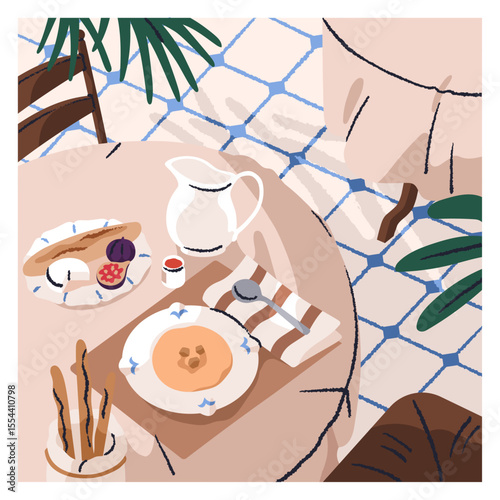 Breakfast serving on restaurant dining table with tablecloth. Cozy morning meal with porridge, oatmeal cereal, bread, fruit, jug on tiled terrace. Aesthetic brunch, food. Flat vector illustration