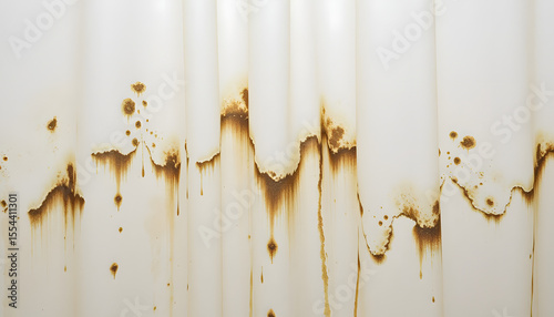 Textured close-up of a dirty shower curtain with stains and drips creating an abstract pattern