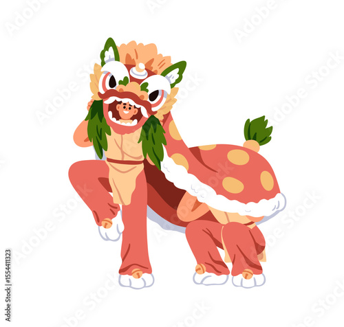 Chinese lion dance. Traditional festive performance for Lunar New Year holiday celebration. Asian carnival performers in animal costume, mask. Flat vector illustration isolated on white background