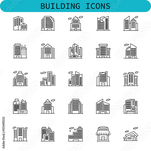 A collection of simple black and white building icons arranged in a grid. Each icon represents different styles and types of structures, including skyscrapers, office buildings, and houses.